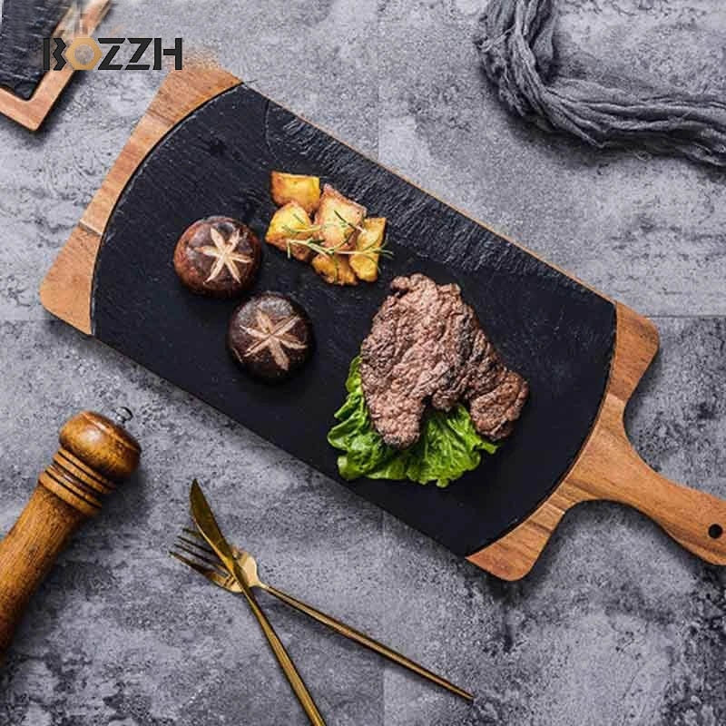 BOZZH Slate Stone Tray Wooden Board Tray