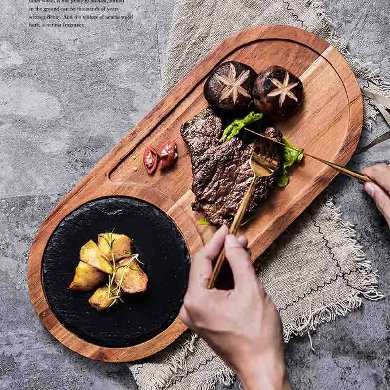 BOZZH Slate Stone Tray Wooden Board Tray