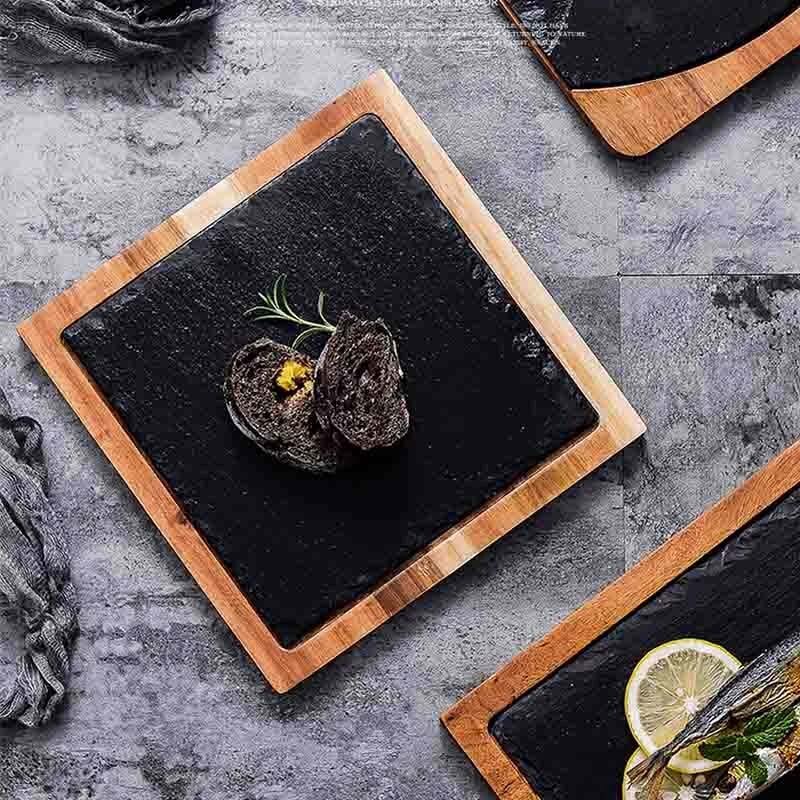 BOZZH Slate Stone Tray Wooden Board Tray