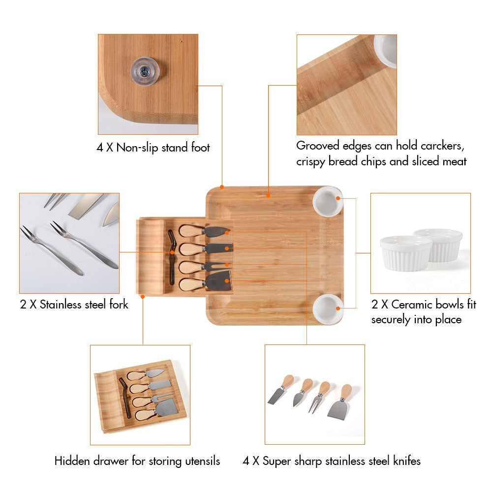 Cheese Board Set With Drawer 4 Knives Sets