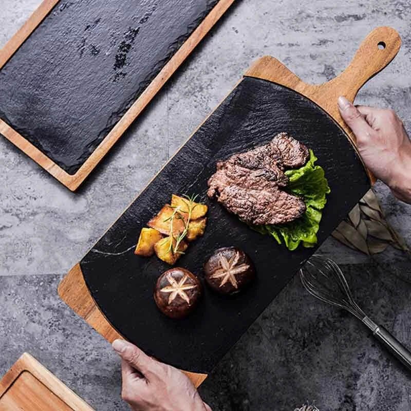 BOZZH Slate Stone Tray Wooden Board Tray